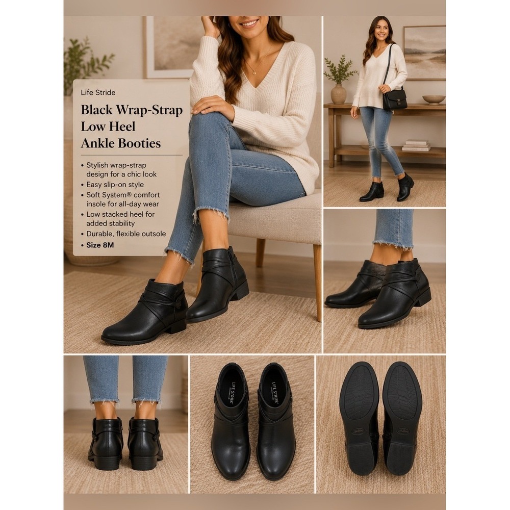 Life Stride Black Wrap-Strap Low Heel‎ Ankle Booties 8M NEW